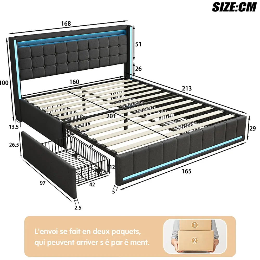 Lit 160x200 cm avec LED et ports USB Type C, lit Queen 160x200 cm avec sommier à lattes et 4 tiroirs, tissu en lin, gris foncé>ProximaX