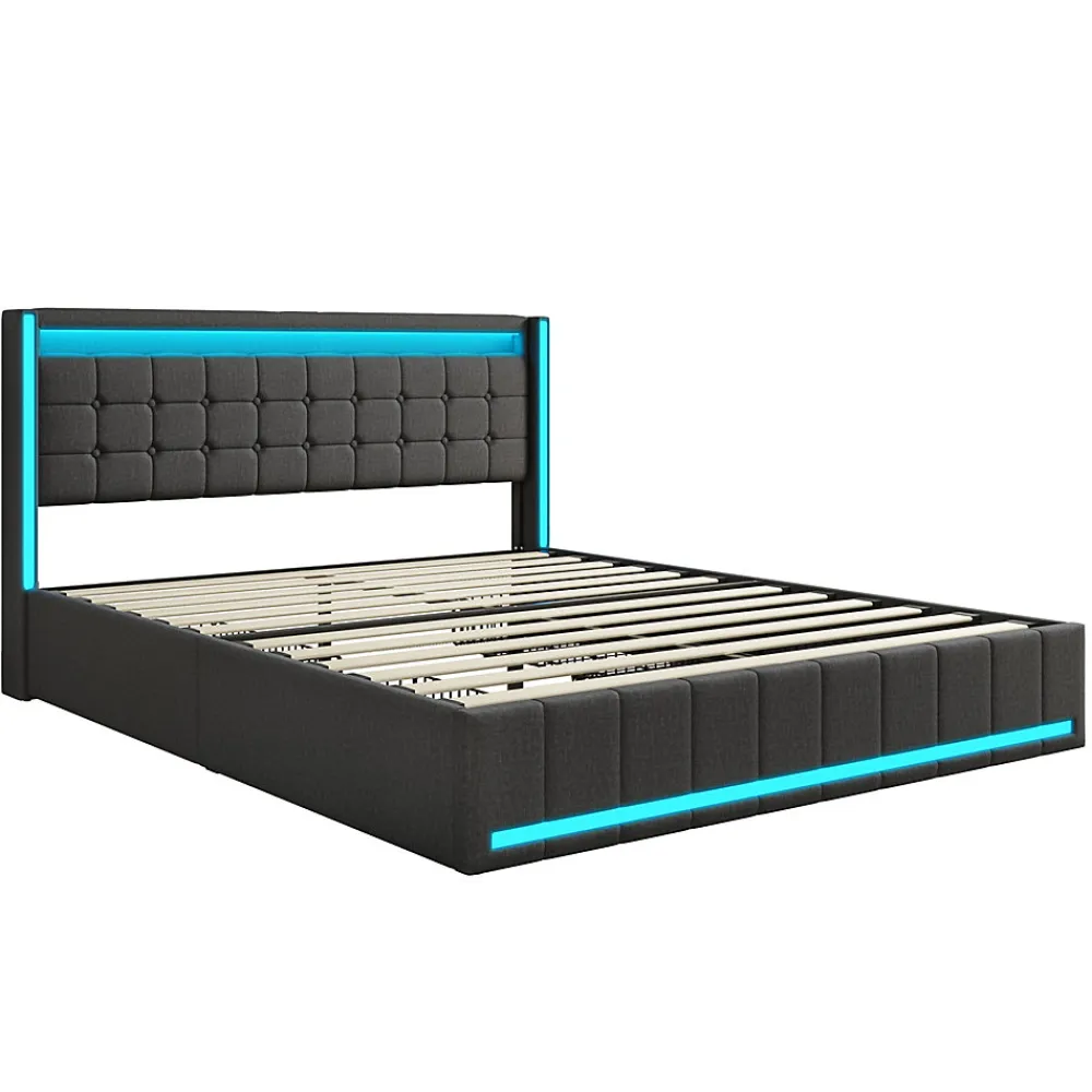 Lit 160x200 cm avec LED et ports USB Type C, lit Queen 160x200 cm avec sommier à lattes et 4 tiroirs, tissu en lin, gris foncé>ProximaX
