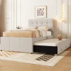 Lit 90x200 cm avec lit gigogne et 3 tiroirs, tête de lit réglable, tapissé lin beige, design minimaliste>Redom Discount