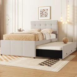 Lit 90x200 cm avec lit gigogne et 3 tiroirs, tête de lit réglable, tapissé lin beige, design minimaliste>Redom Discount