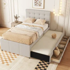 Lit 90x200 cm avec lit gigogne et 3 tiroirs, tête de lit réglable, tapissé lin beige, design minimaliste>Redom Discount