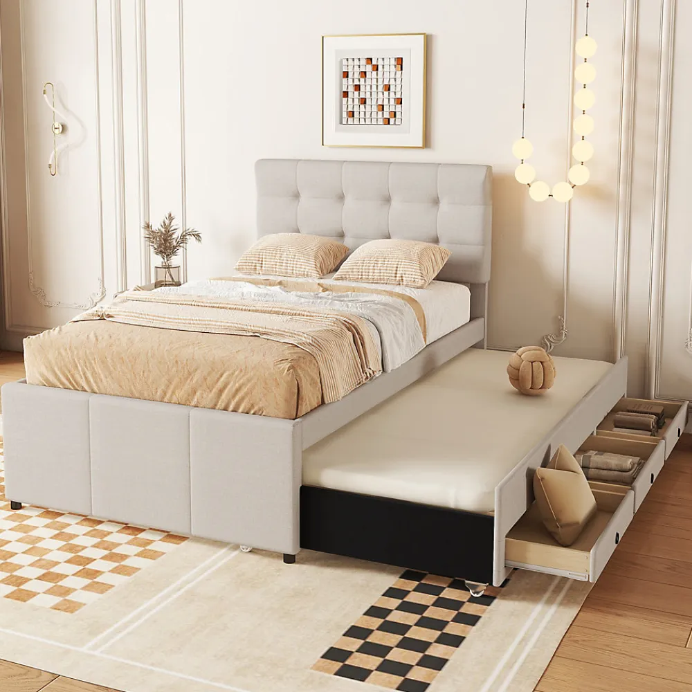 Lit 90x200 cm avec lit gigogne et 3 tiroirs, tête de lit réglable, tapissé lin beige, design minimaliste>Redom Discount