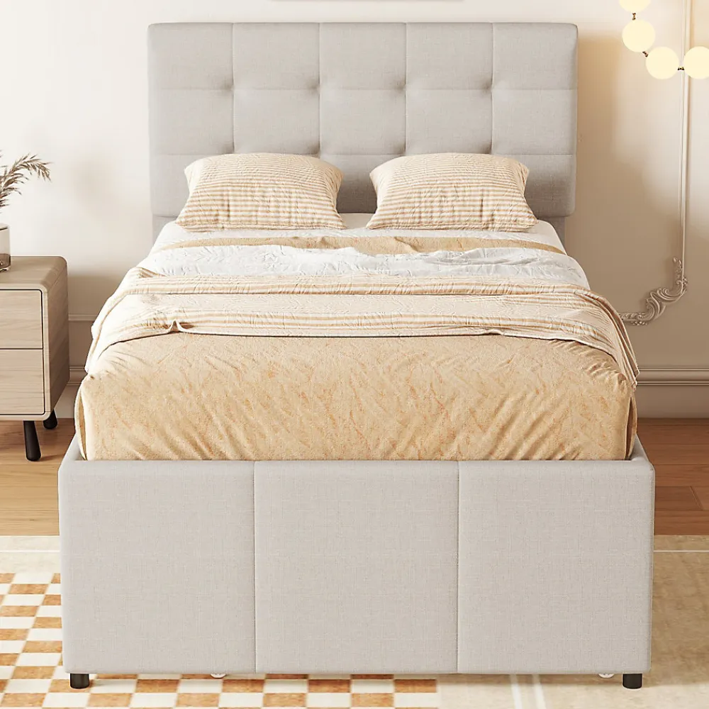 Lit 90x200 cm avec lit gigogne et 3 tiroirs, tête de lit réglable, tapissé lin beige, design minimaliste>Redom Discount