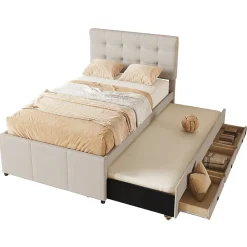 Lit 90x200 cm avec lit gigogne et 3 tiroirs, tête de lit réglable, tapissé lin beige, design minimaliste><noscript><img width=