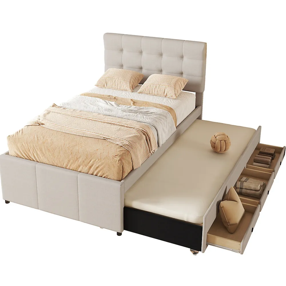 Lit 90x200 cm avec lit gigogne et 3 tiroirs, tête de lit réglable, tapissé lin beige, design minimaliste>Redom Discount