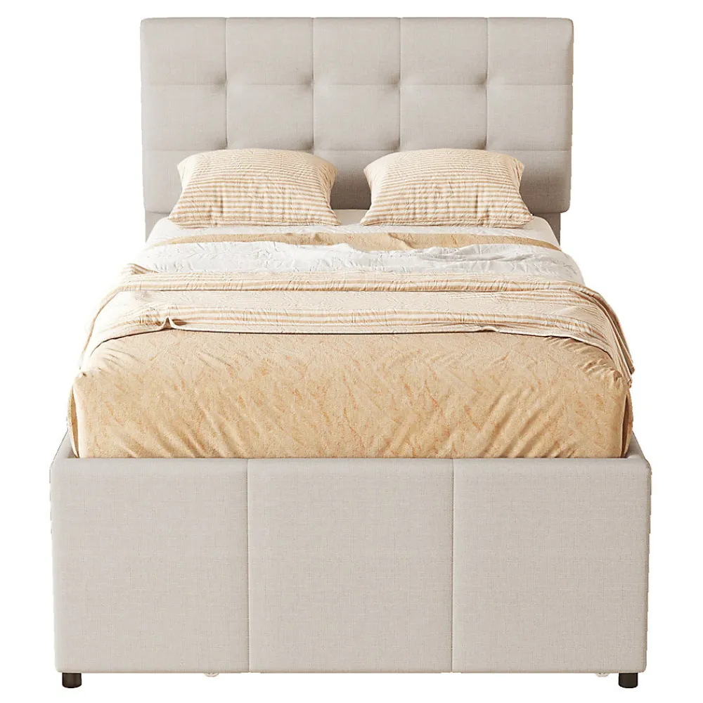 Lit 90x200 cm avec lit gigogne et 3 tiroirs, tête de lit réglable, tapissé lin beige, design minimaliste>Redom Discount
