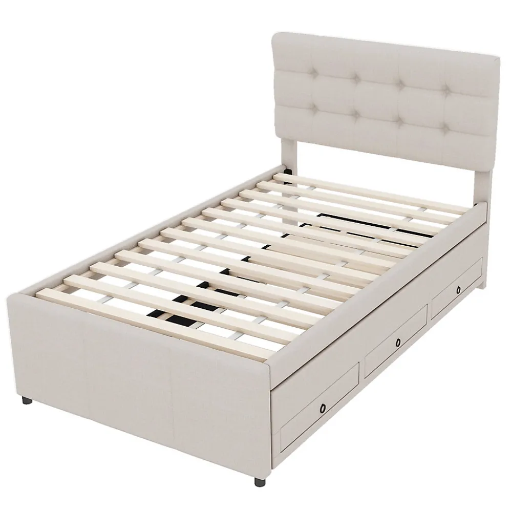 Lit 90x200 cm avec lit gigogne et 3 tiroirs, tête de lit réglable, tapissé lin beige, design minimaliste>Redom Discount