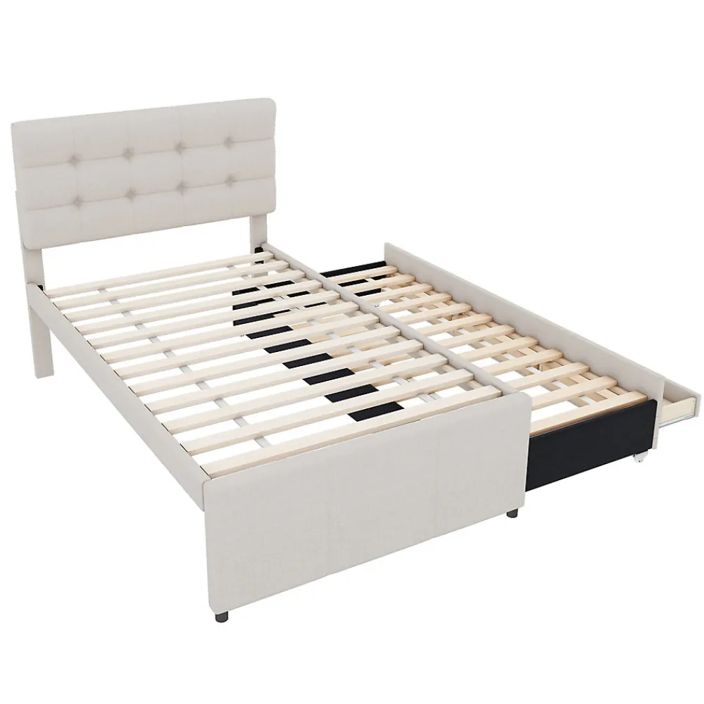 Lit 90x200 cm avec lit gigogne et 3 tiroirs, tête de lit réglable, tapissé lin beige, design minimaliste>Redom Discount