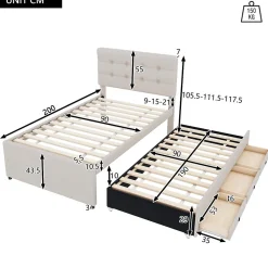 Lit 90x200 cm avec lit gigogne et 3 tiroirs, tête de lit réglable, tapissé lin beige, design minimaliste><noscript><img width=