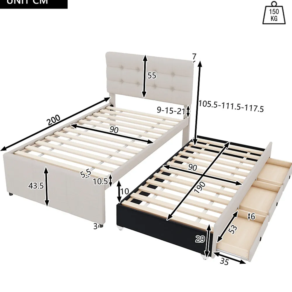 Lit 90x200 cm avec lit gigogne et 3 tiroirs, tête de lit réglable, tapissé lin beige, design minimaliste>Redom Discount