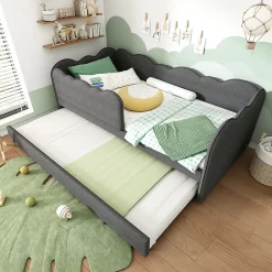 Redom Lit 90x190 cm avec lit gigogne et dossier rembourré en lin gris, côtés modulables pour chambre d'enfant* Lit Gigogne
