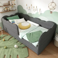 Redom Lit 90x190 cm avec lit gigogne et dossier rembourré en lin gris, côtés modulables pour chambre d'enfant* Lit Gigogne