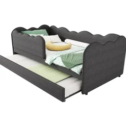 Redom Lit 90x190 cm avec lit gigogne et dossier rembourré en lin gris, côtés modulables pour chambre d'enfant* Lit Gigogne