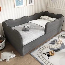 Redom Lit 90x190 cm avec lit gigogne et dossier rembourré en lin gris, côtés modulables pour chambre d'enfant* Lit Gigogne