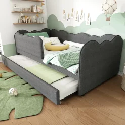 Redom Lit 90x190 cm avec lit gigogne et dossier rembourré en lin gris, côtés modulables pour chambre d'enfant* Lit Gigogne