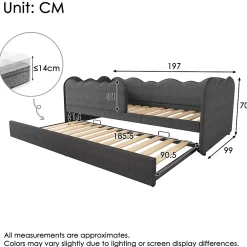 Redom Lit 90x190 cm avec lit gigogne et dossier rembourré en lin gris, côtés modulables pour chambre d'enfant* Lit Gigogne