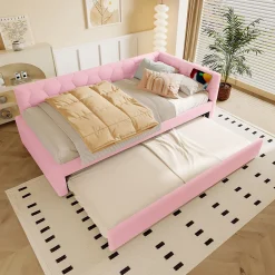 Lit 90x200 cm avec lit gigogne, revêtement velours rose et structure MDF, lampe de chevet intégrée>Redom Best
