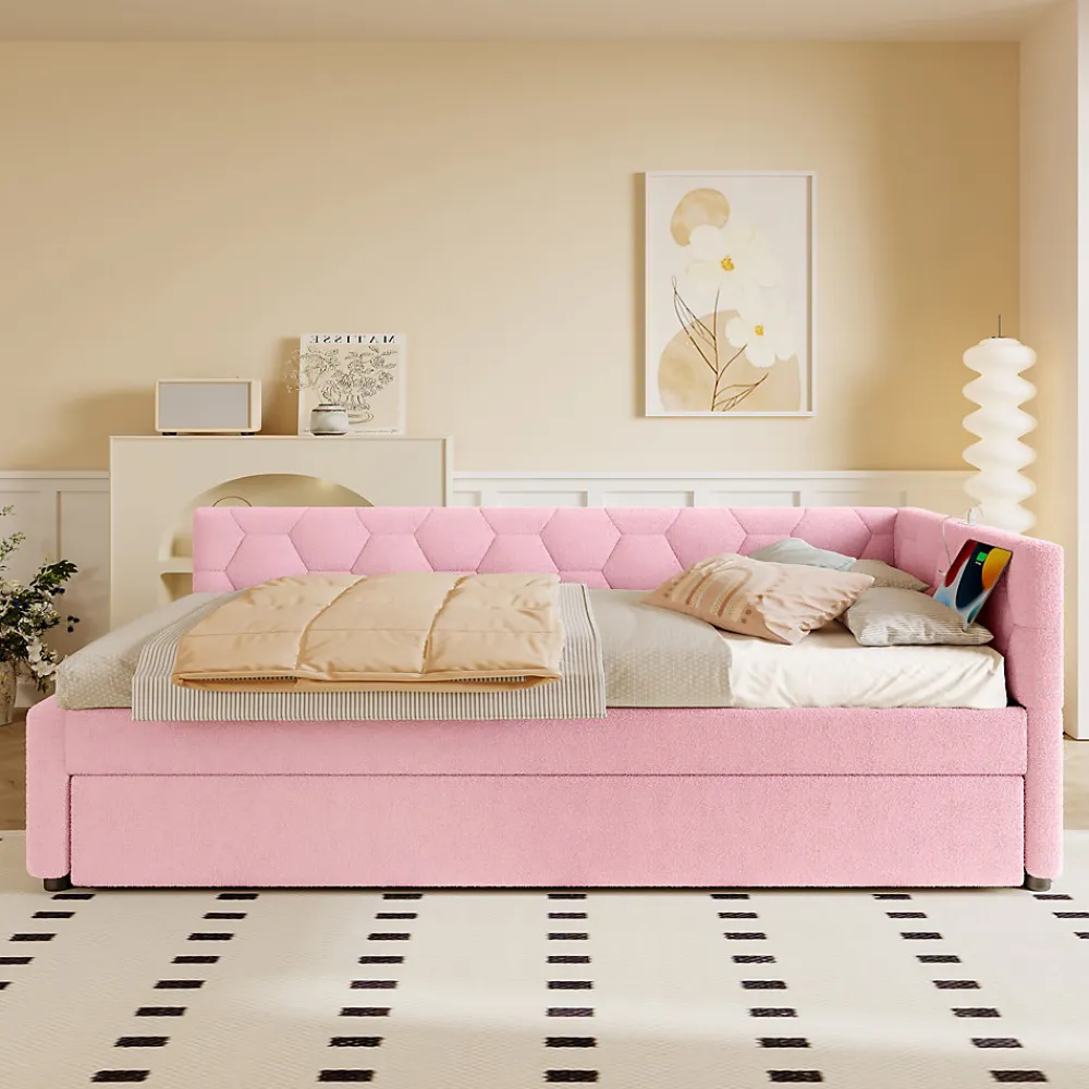 Lit 90x200 cm avec lit gigogne, revêtement velours rose et structure MDF, lampe de chevet intégrée>Redom Best