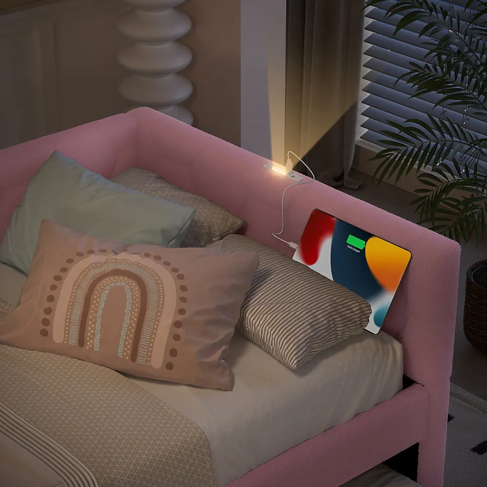 Lit 90x200 cm avec lit gigogne, revêtement velours rose et structure MDF, lampe de chevet intégrée>Redom Best
