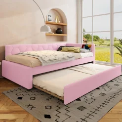 Lit 90x200 cm avec lit gigogne, revêtement velours rose et structure MDF, lampe de chevet intégrée><noscript><img width=