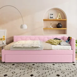 Lit 90x200 cm avec lit gigogne, revêtement velours rose et structure MDF, lampe de chevet intégrée><noscript><img width=