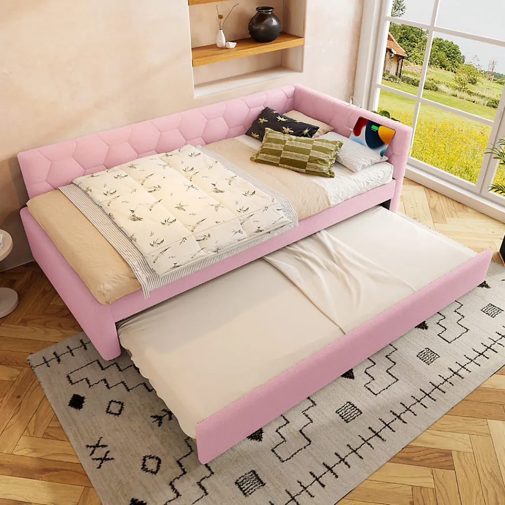 Lit 90x200 cm avec lit gigogne, revêtement velours rose et structure MDF, lampe de chevet intégrée>Redom Best