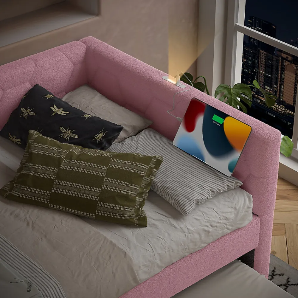 Lit 90x200 cm avec lit gigogne, revêtement velours rose et structure MDF, lampe de chevet intégrée>Redom Best