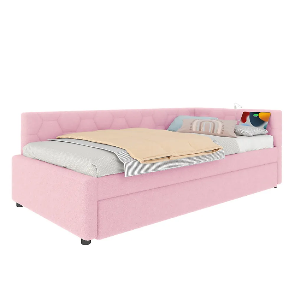 Lit 90x200 cm avec lit gigogne, revêtement velours rose et structure MDF, lampe de chevet intégrée>Redom Best
