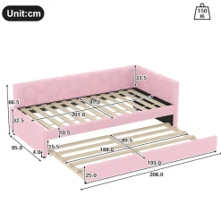 Lit 90x200 cm avec lit gigogne, revêtement velours rose et structure MDF, lampe de chevet intégrée><noscript><img width=