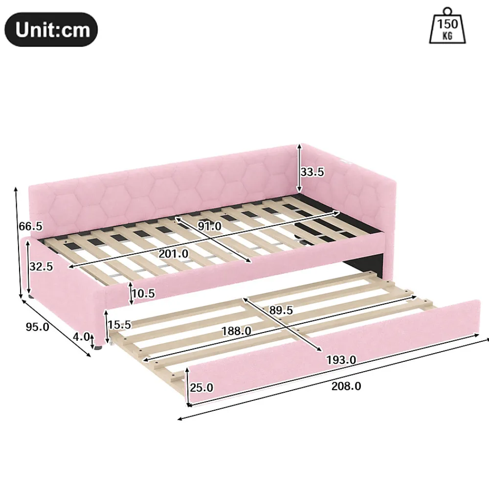 Lit 90x200 cm avec lit gigogne, revêtement velours rose et structure MDF, lampe de chevet intégrée>Redom Best