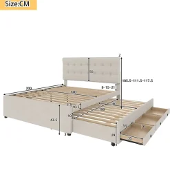 Redom Lit 140x200 cm avec lit gigogne, 3 tiroirs et tête de lit réglable, tapissé lin beige, style minimaliste* Lit Gigogne