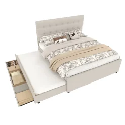 Redom Lit 140x200 cm avec lit gigogne, 3 tiroirs et tête de lit réglable, tapissé lin beige, style minimaliste* Lit Gigogne