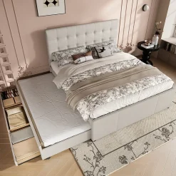 Redom Lit 140x200 cm avec lit gigogne, 3 tiroirs et tête de lit réglable, tapissé lin beige, style minimaliste* Lit Gigogne