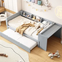 Lit 90x200 cm avec lit gigogne, bureau amovible et 3 étagères latérales, cadre pin massif et MDF, finition gris>Redom Clearance