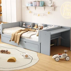 Lit 90x200 cm avec lit gigogne, bureau amovible et 3 étagères latérales, cadre pin massif et MDF, finition gris><noscript><img width=