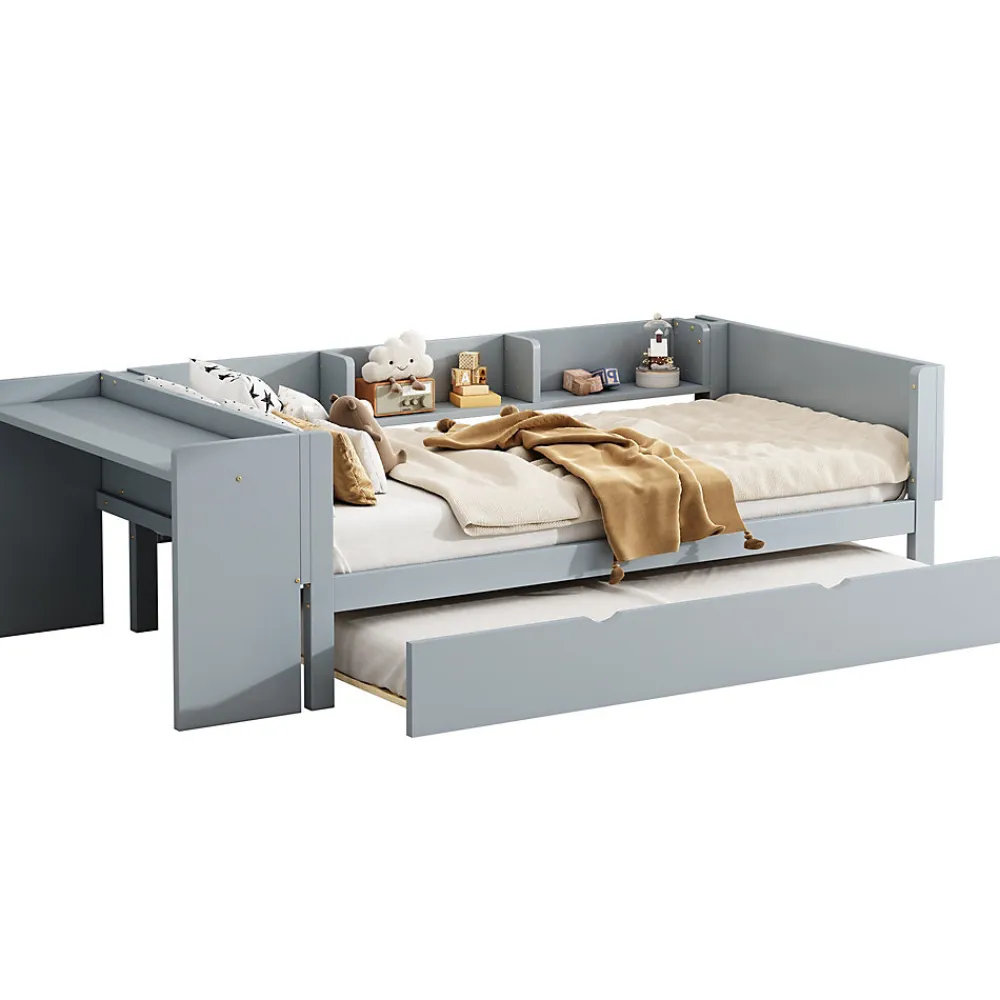 Lit 90x200 cm avec lit gigogne, bureau amovible et 3 étagères latérales, cadre pin massif et MDF, finition gris>Redom Clearance