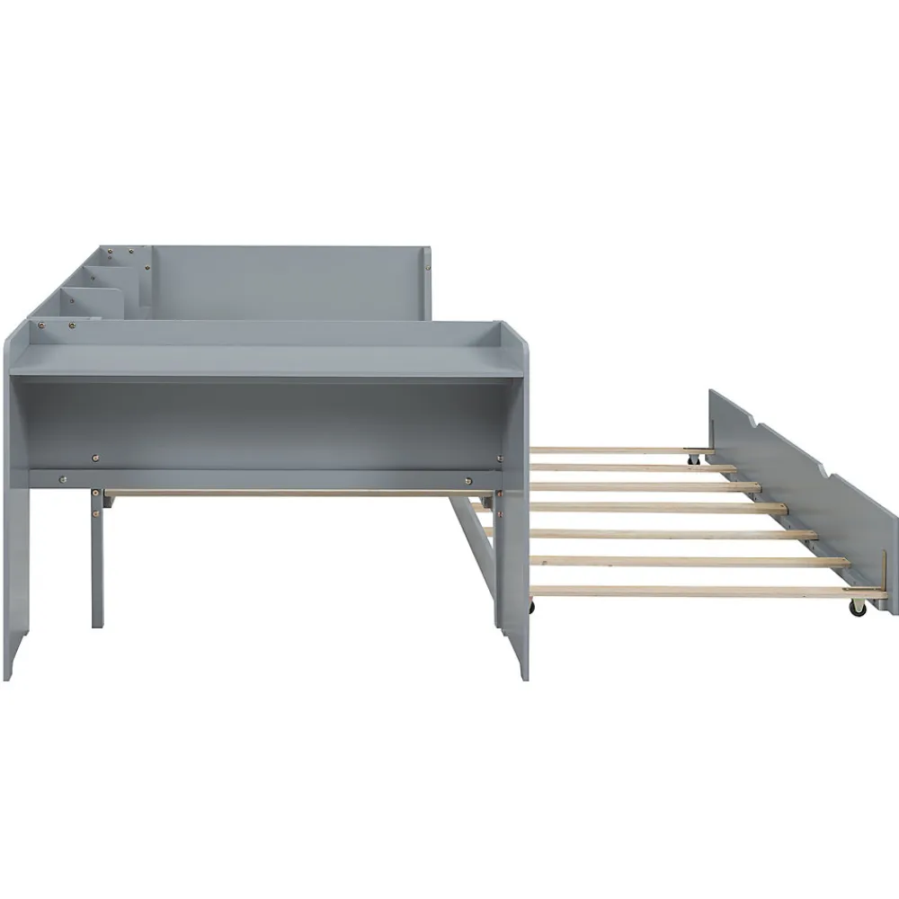 Lit 90x200 cm avec lit gigogne, bureau amovible et 3 étagères latérales, cadre pin massif et MDF, finition gris>Redom Clearance