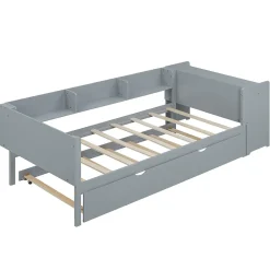 Lit 90x200 cm avec lit gigogne, bureau amovible et 3 étagères latérales, cadre pin massif et MDF, finition gris><noscript><img width=