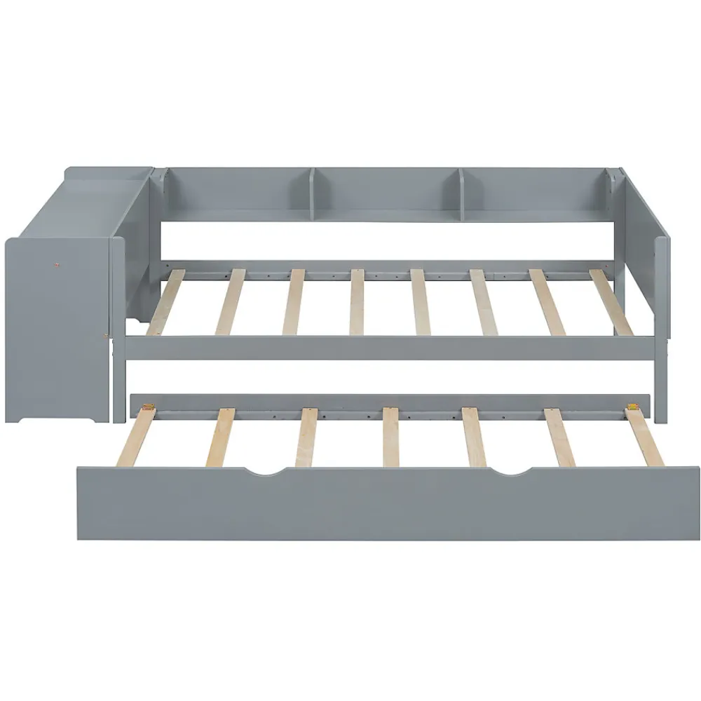 Lit 90x200 cm avec lit gigogne, bureau amovible et 3 étagères latérales, cadre pin massif et MDF, finition gris>Redom Clearance