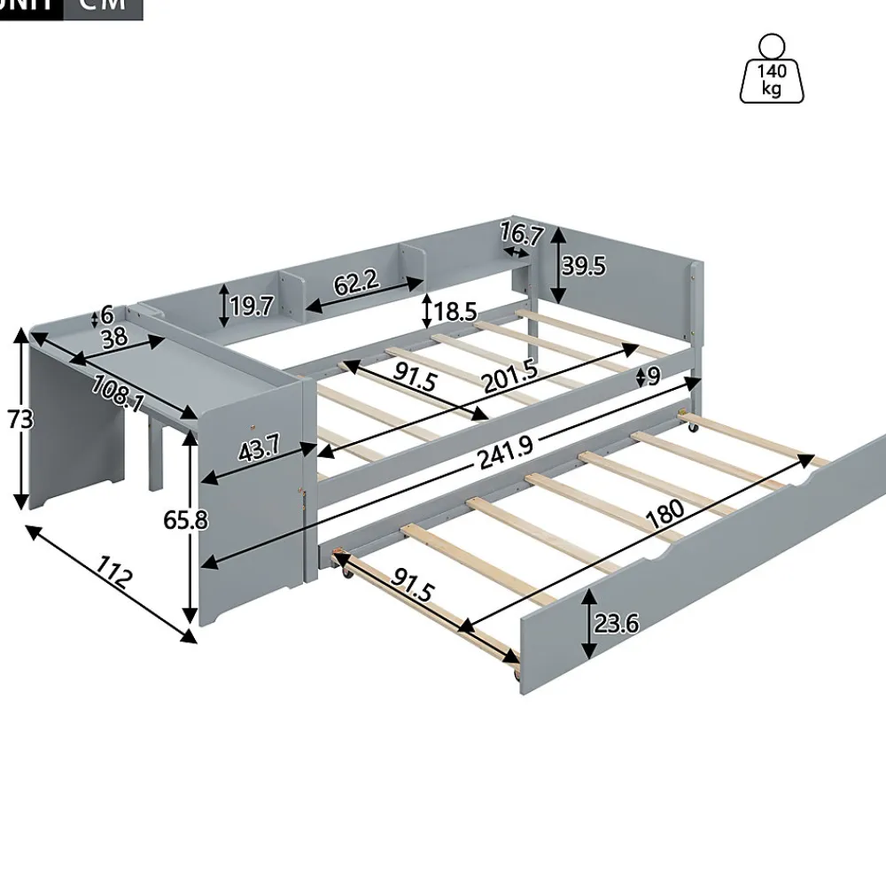 Lit 90x200 cm avec lit gigogne, bureau amovible et 3 étagères latérales, cadre pin massif et MDF, finition gris>Redom Clearance