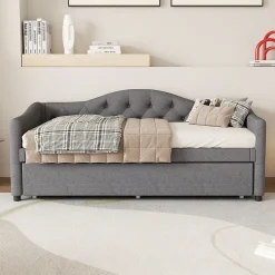 Lit 90x200 cm avec lit gigogne en lin et structure MDF, style minimaliste gris convertible en banquette>Redom Discount