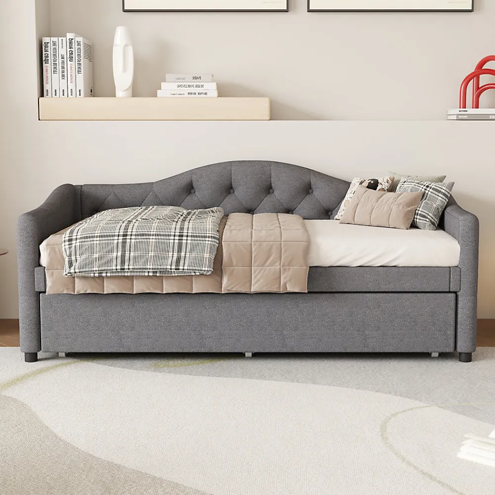 Lit 90x200 cm avec lit gigogne en lin et structure MDF, style minimaliste gris convertible en banquette>Redom Discount