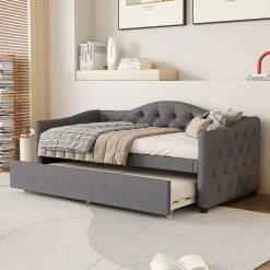 Lit 90x200 cm avec lit gigogne en lin et structure MDF, style minimaliste gris convertible en banquette>Redom Discount