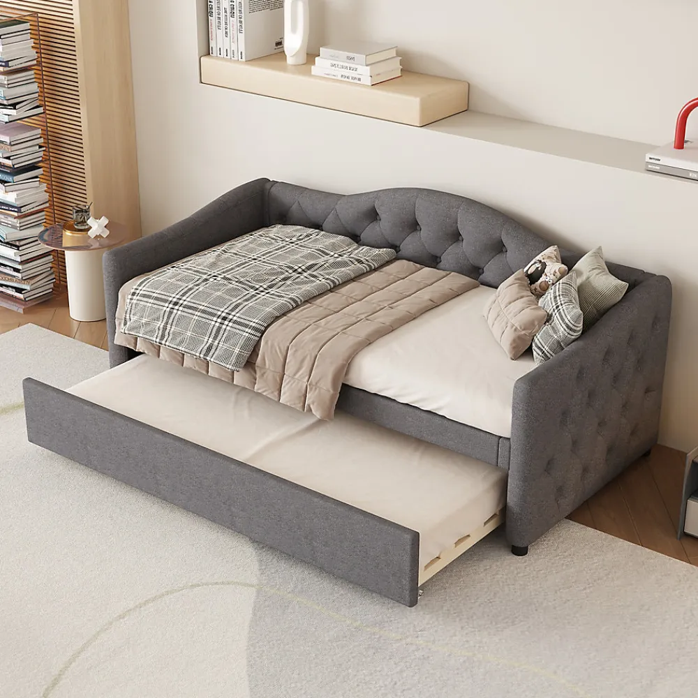 Lit 90x200 cm avec lit gigogne en lin et structure MDF, style minimaliste gris convertible en banquette>Redom Discount