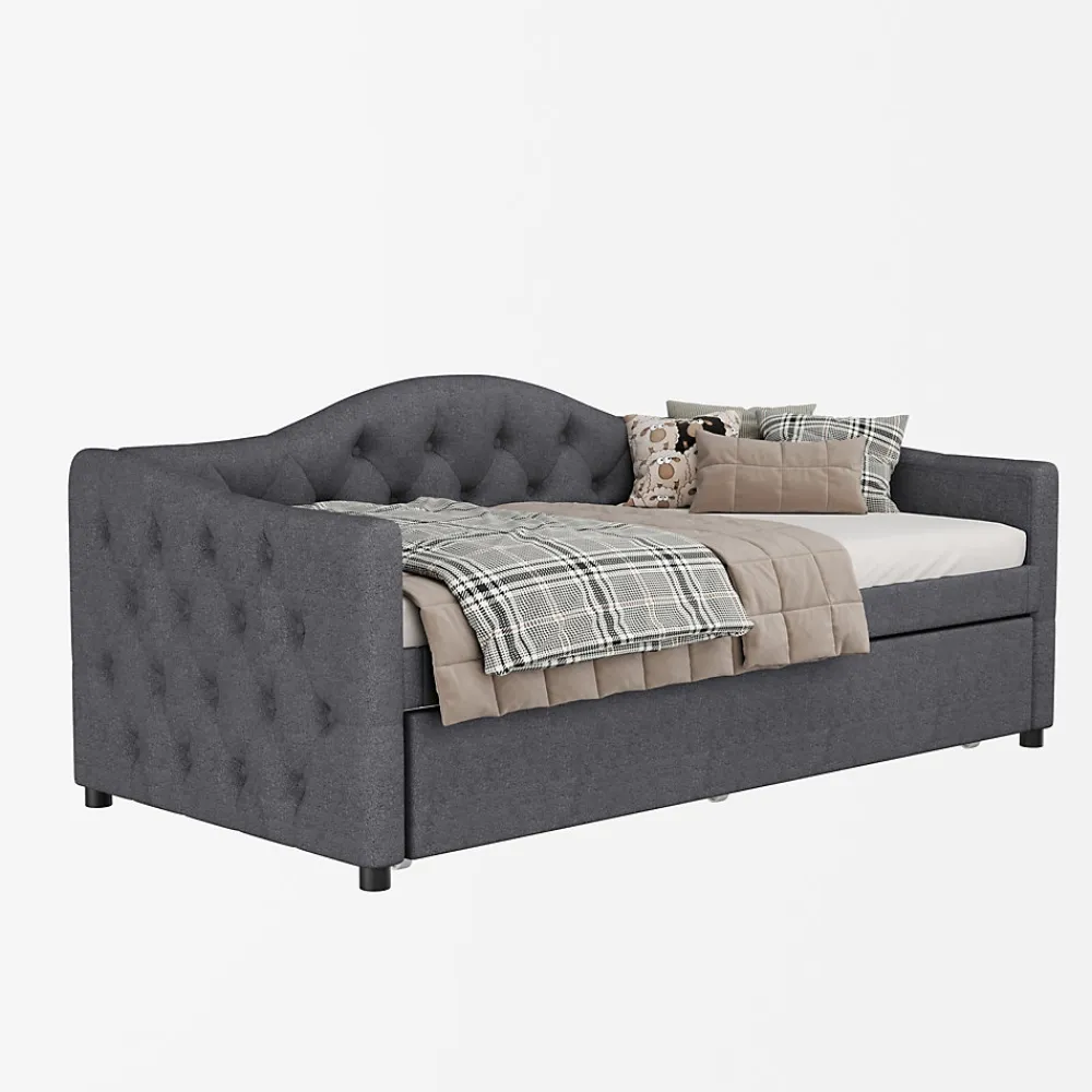Lit 90x200 cm avec lit gigogne en lin et structure MDF, style minimaliste gris convertible en banquette>Redom Discount