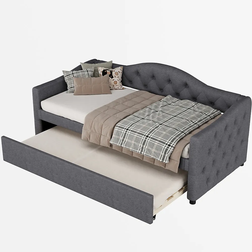 Lit 90x200 cm avec lit gigogne en lin et structure MDF, style minimaliste gris convertible en banquette>Redom Discount