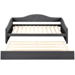 Lit 90x200 cm avec lit gigogne en lin et structure MDF, style minimaliste gris convertible en banquette><noscript><img width=