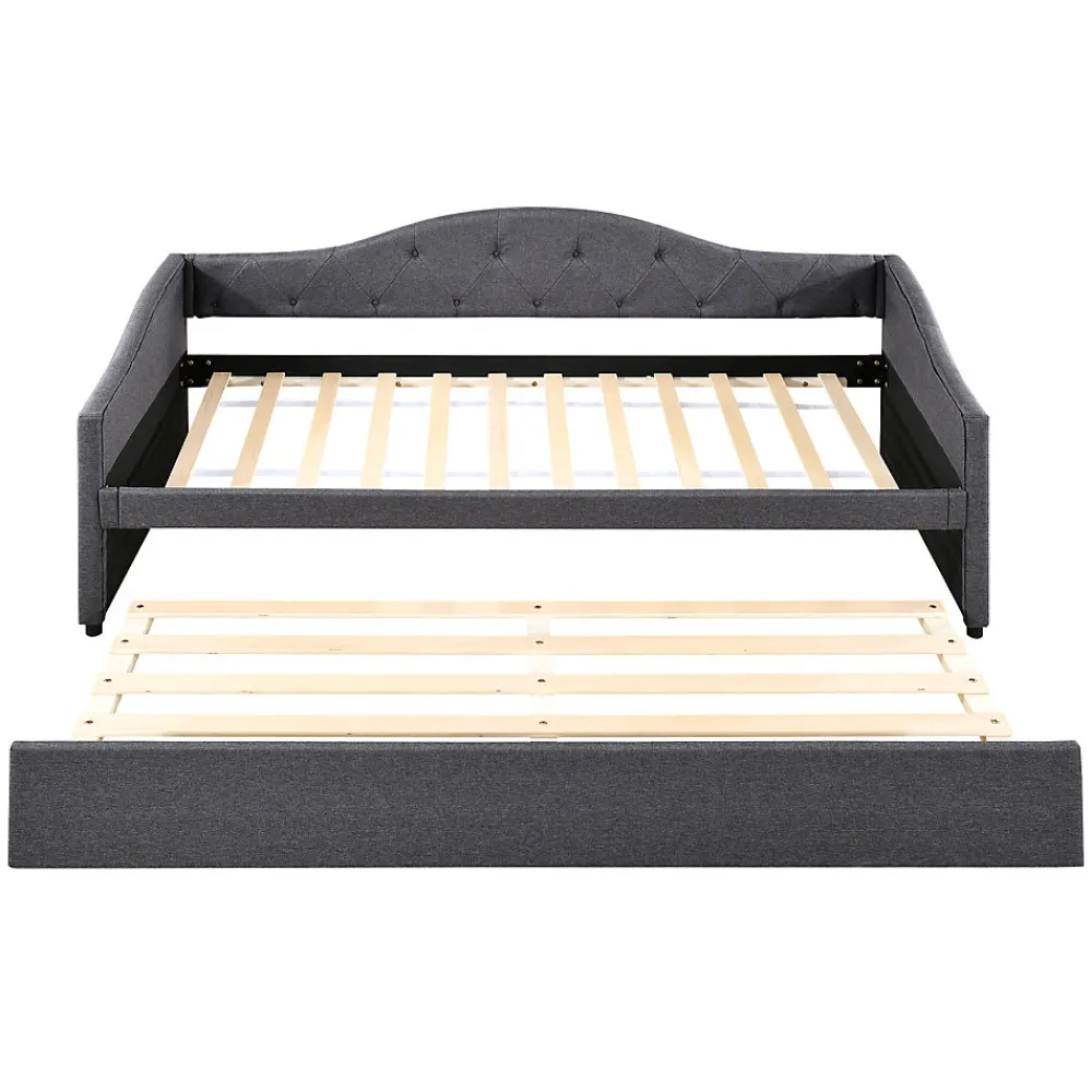 Lit 90x200 cm avec lit gigogne en lin et structure MDF, style minimaliste gris convertible en banquette>Redom Discount