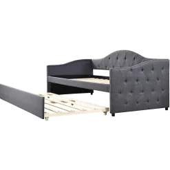 Lit 90x200 cm avec lit gigogne en lin et structure MDF, style minimaliste gris convertible en banquette><noscript><img width=