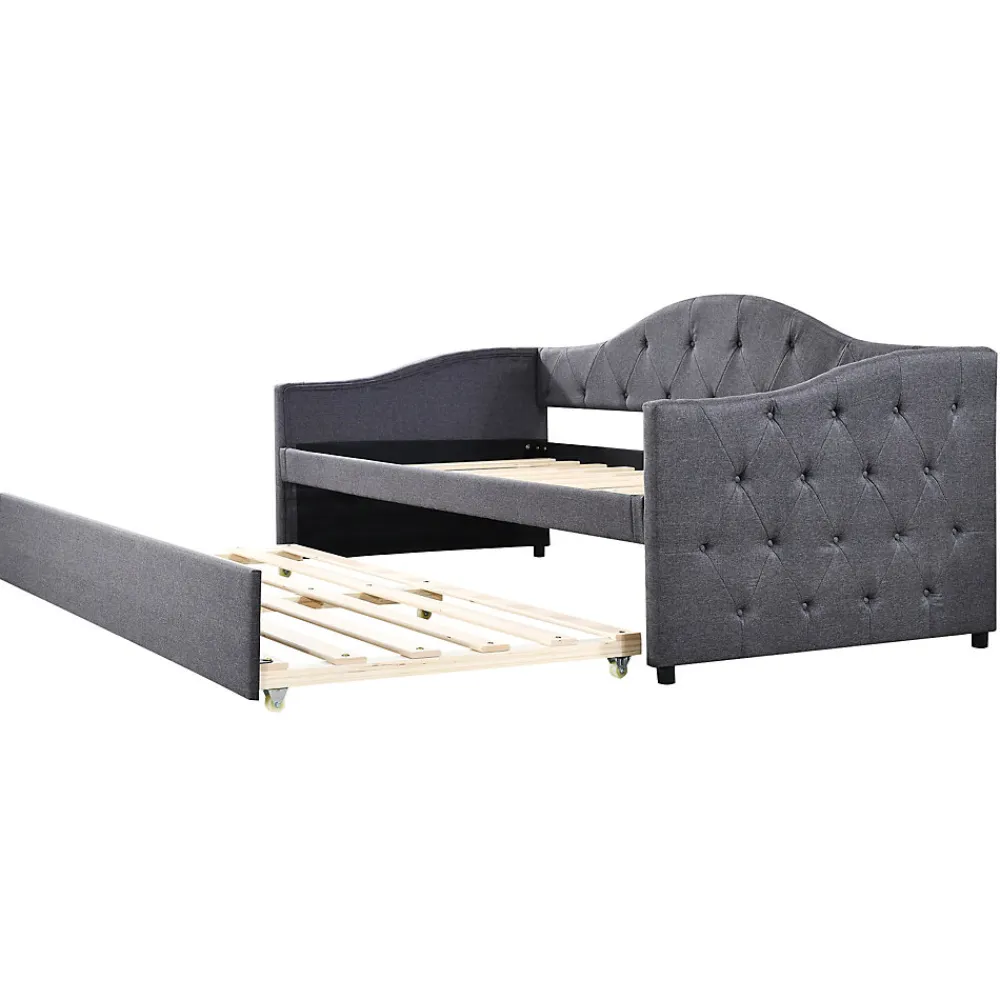Lit 90x200 cm avec lit gigogne en lin et structure MDF, style minimaliste gris convertible en banquette>Redom Discount